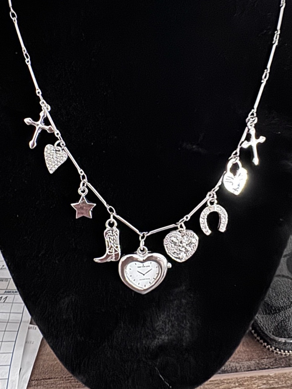 Silver Heart Charm Necklace with Watch Pendant